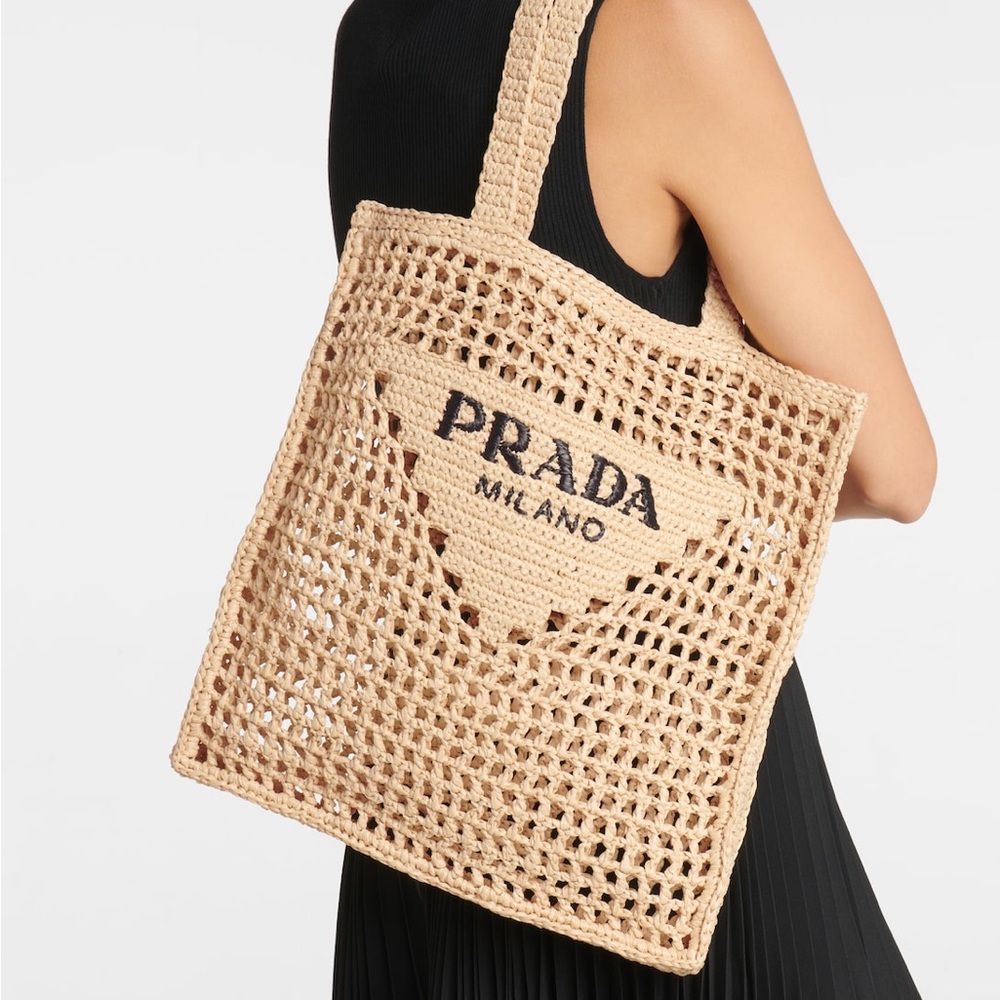 Prada raffia straw natural logo tote bag 100% authentic